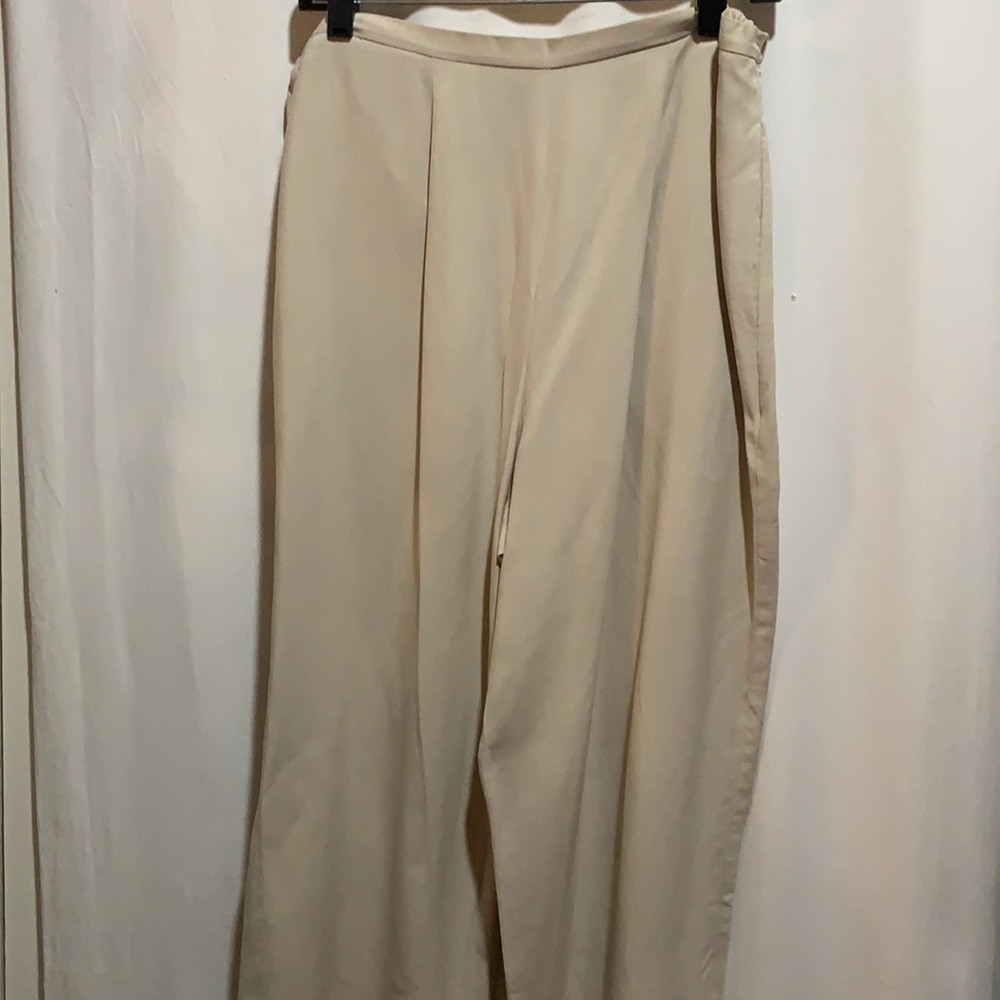 COPY - CITY SILK CROPPED PANT 100%SILK SZ L POCKETS TAN ELASTIC BACK PULL ON